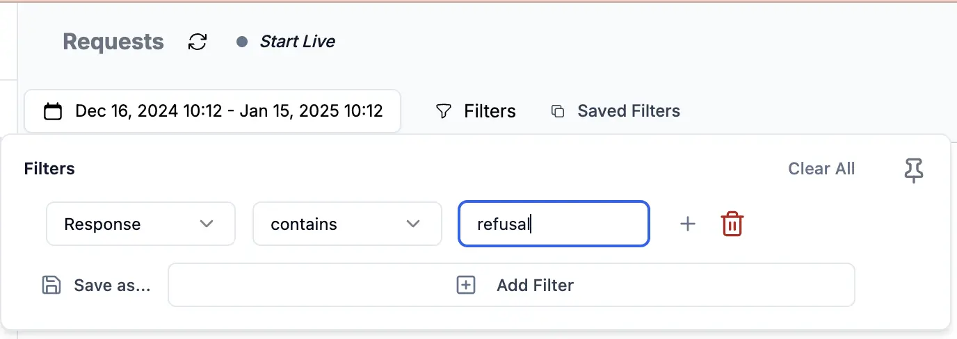 Filtering for refusals on Helicone's Request page